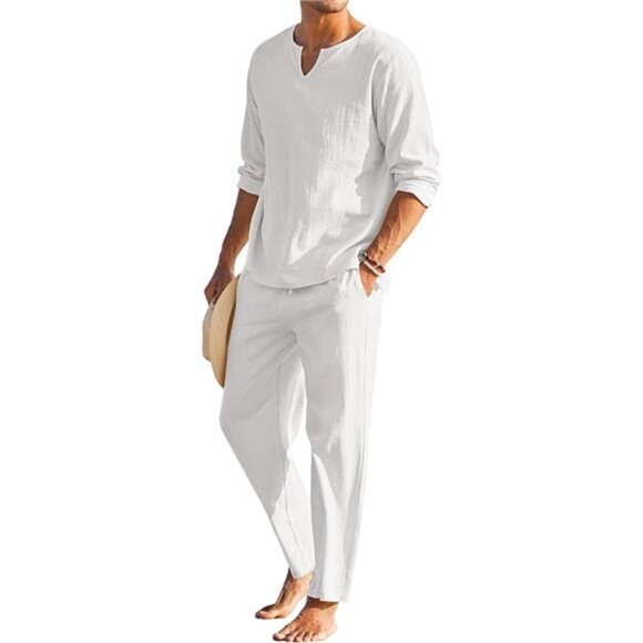 Men's 2 Pieces Cotton Linen Set Henley Shirt Long Sleeve and Casual Beach Pants - Picture 1 of 6